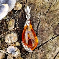 Sterling Silver Pendant Cognac amber teardrop with floral decoration