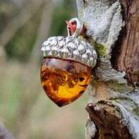 Sterling Silver Pendant Large cognac amber acorn