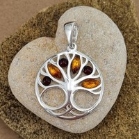 Sterling Silver Pendant Mixed amber Tree of Life in circle