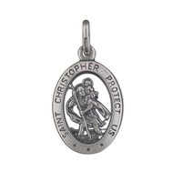 Sterling Silver St Christopher Oval oxidised Protect Us