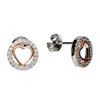 Sterling Silver Earring Rose gold-plated heart in cubic zirconia circle stud