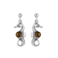 Sterling Silver Earring Cognac Amber seahorse drop