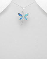 925 Sterling Silver Dragonfly Pendant With Cubic Zirconia's & Lab-Created Opal