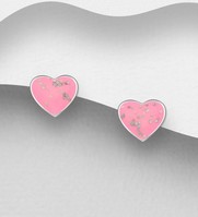 Sterling Silver Heart Stud Earrings, in Pink Enamel