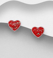 Sterling Silver Heart Stud Earrings, in Red Enamel