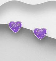 Sterling Silver Heart Stud Earrings, in Purple Enamel