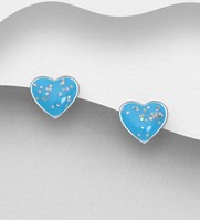 Sterling Silver Heart Stud Earrings, in Light Blue Enamel
