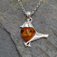 925 Sterling Silver Bird and Heart Pendant with Baltic Amber