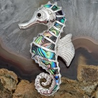 925 Sterling Silver Seahorse Pendant Decorated with Shell and Coloured Enamel