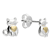 Sterling Silver Earring  Two-tone cat with yellow gold-plated heart stud