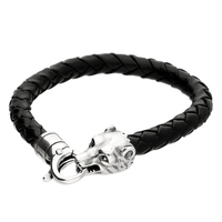 Sterling Silver Bracelet 19cm black leather bear head clasp
