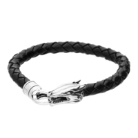 Sterling Silver Bracelet 19cm/7.5"black leather dragon head clasp