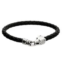Sterling Silver Bracelet 22cm/8.5" black leather bear head clasp
