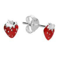 Sterling Silver Earring Small red enamelled strawberry stud