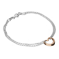Sterling Silver Bracelet 19cm rose gold-plated heart on double silver chain