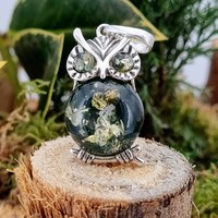 Sterling Silver Pendant Green Amber Owl