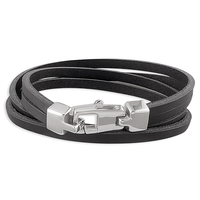 Men's Sterling Silver Bracelet Black leather double wrap-around