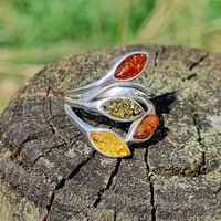 Sterling Silver Ring Mixed Amber Leaves
