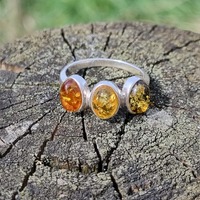 Sterling Silver Ring Triple Multi-Coloured Amber