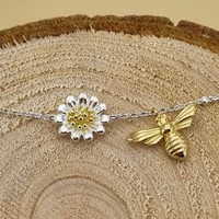 Sterling Silver Bracelet 16-19cm 2-tone bee and daisy