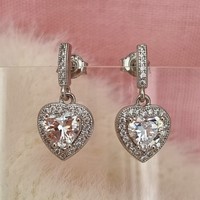 Sterling Silver Cubic Zirconia Set Heart Shape Cluster Stud Drop Earrings