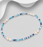 Sterling Silver 7” Elastic Bracelet with Freshwater Pearls and Azurite