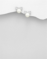 Sterling Silver Bow Stud Earrings, with Freshwater Pearls and Cubic Zirconia’s