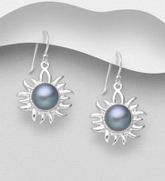 Sterling Silver Sun Hook Earrings, with Grey (Dyed)Freshwater Pearls
