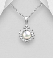 Sterling Silver Halo Pendant, with Freshwater Pearl and Cubic Zirconia’s