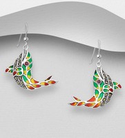 Sterling Silver Dolphin Hook Earrings,with Coloured Enamel, Gemstones and Marcasite