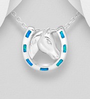 Sterling Silver Horse and Horseshoe Pendant With Lab-Created Opal