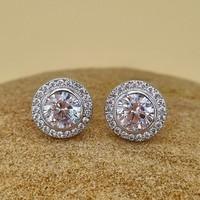 Sterling Silver 10 mm Cubic Zirconia Set Solitaire Halo Stud earrings