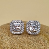 Sterling Silver Square Cubic Zirconia Set Halo Stud Earrings
