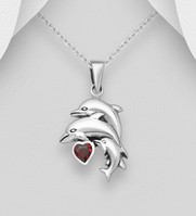 Sterling Silver Oxidized Heart and Family Dolphins Pendant,  with a  Red Cubic Zirconia