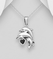 Sterling Silver Oxidized Heart and Family Dolphins Pendant, with a Black Cubic Zirconia