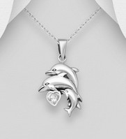 Sterling Silver Oxidized Heart and Family Dolphins Pendant, with a Clear Cubic Zirconia