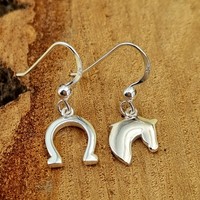 Sterling Silver Horse & Horseshoes Hook Earrings